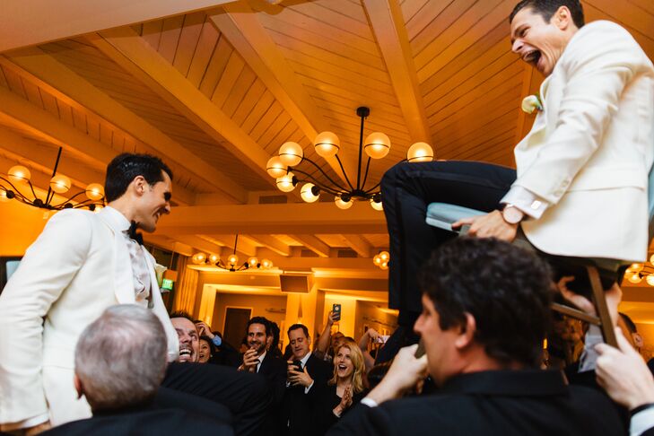 At the indoor reception, Jay and Wes were lifted for the hora. “Get started early, and do things your way,” Jay and Wes say. “Don’t let others’ opinions sway you.”
