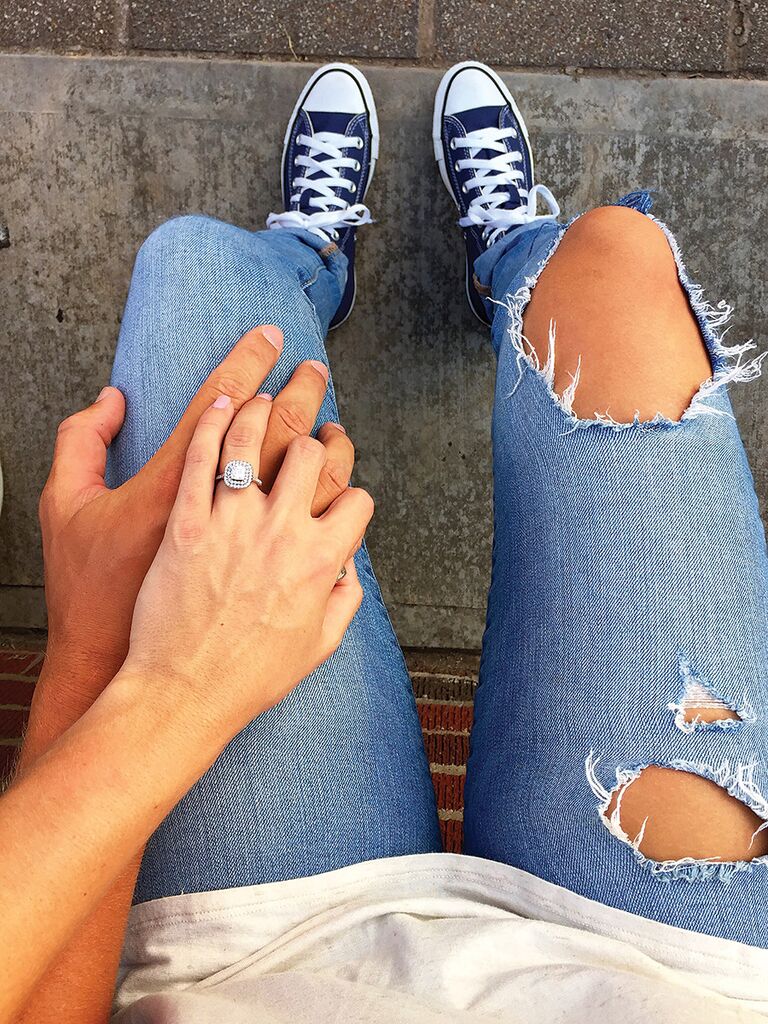 Casual engagement ring selfie idea holding hands