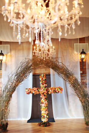 Curly Willow Vine Ceremony Arbor and Floral Cross Backdrop