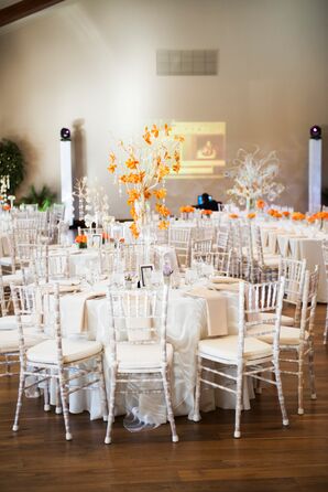 Cascading Orange Flower, White Tree Centerpieces