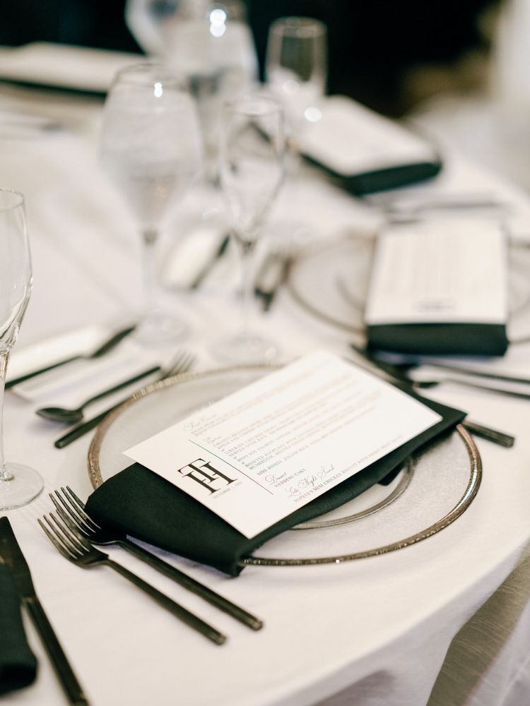 black-and-white wedding place setting