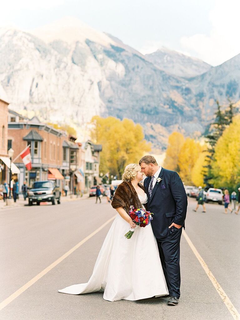 bride and groom outside in Telluride, CO