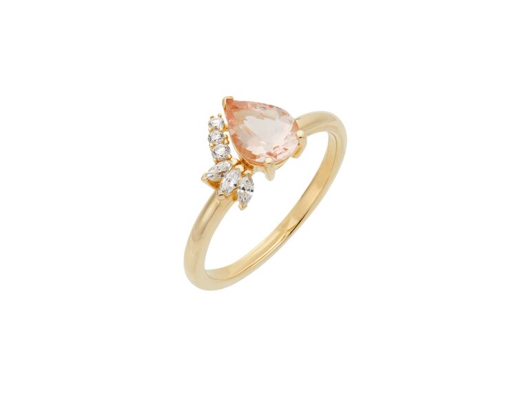 Mejuri pear-cut peach morganite and diamond ring in 14K yellow gold