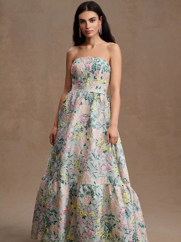 Floral print strapless dress for a beach wedding. 