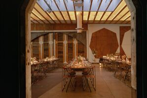 Wood, Modern, Alternative Reception Space With Long Tables, Low Lighting