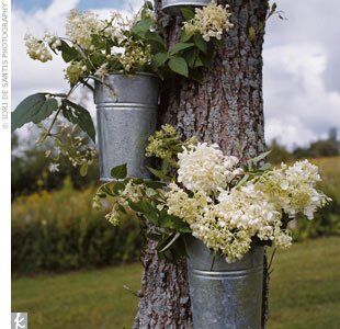 Arrangements of cream and green hydrangeas, cream vendela roses, and cream lisianthus topped each of the tables, and the tent poles were dressed with birch branches.