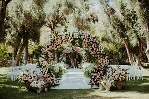 Garden Ceremony, Two Big Floral Arches and Potted Florals, White Aisle, Pink Flowers