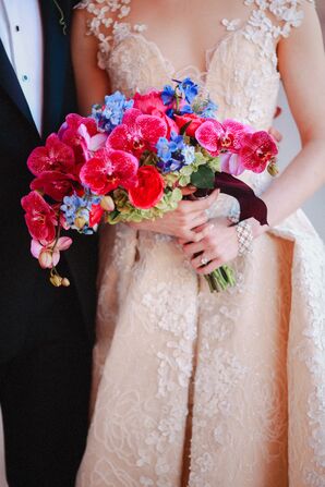 Fuchsia Orchids, Delphinium and Garden Roses