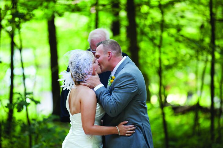 Ceremony and Reception Site: The Barn at Fallingwater, Mill Run, PA   Photography: Courtney Reese Photography  Gown: Allure Bridals, MB Bride & Special Occasion, Greensburg PA  Hair: Crystal Pounds/Salon Nouveaux Makeup: Joy Lager/Beauty by Joy  Veil and Hairpiece: MB Bride & Special Occasion, Greensburg, PA Bridesmaid Dresses: Bill Levkoff, MB Bride & Special Occasion, Greensburg, PA  Formalwear: JCPenney  Invitations: Etsy.com Programs, Escort and Menu Cards: DIY by the Bride   Flowers: Neubauer's Flowers Inc.  Rentals: Fayco Rentals Cake: Cakes by Patty Catering: Caileigh's Restaurant  Music: Ceremony: Dave Petrone; Reception: Elite Signature DJ Service Accommodations: Nemacolin Woodlands Resort  Honeymoon: Dominican Republic  Registries: Macy's; Target