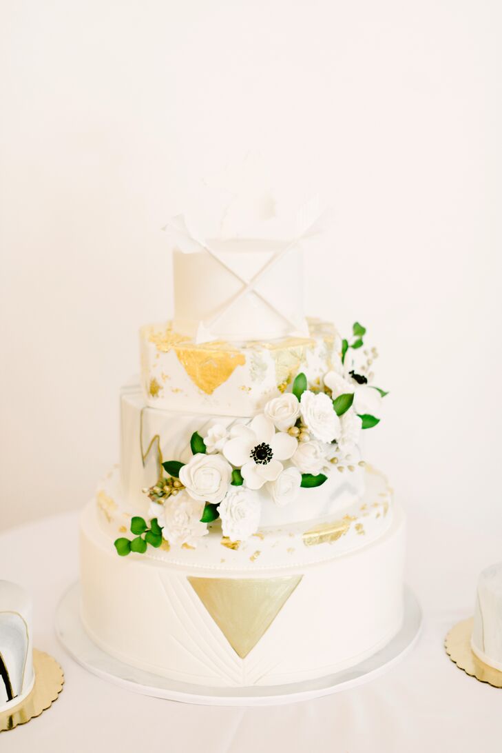 Ivory and Gold Geometric Cake with Cascading Sugar Flowers