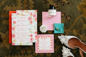 Bright, Floral and Playful Invitation Suite With Pink and Yellow, White Heels, Rings