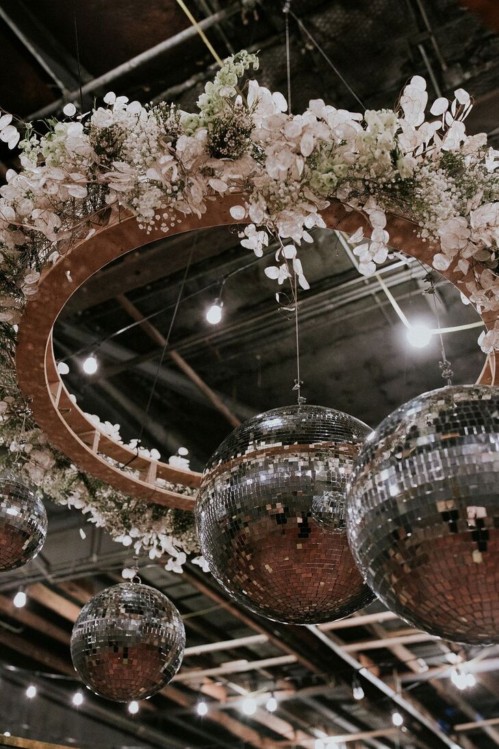 Hanging Circular Decoration with Pink Flowers and Disco Ball