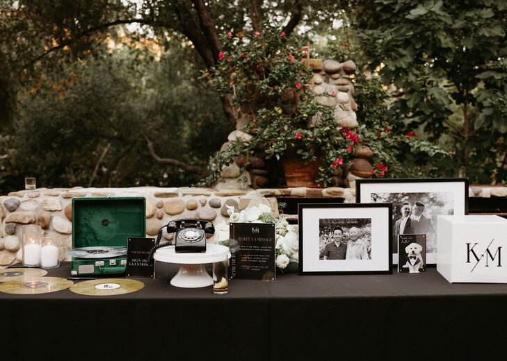 Gift Table With Retro, Vinyl Guest Book, Vintage Phone for Recorded Messages and Photos