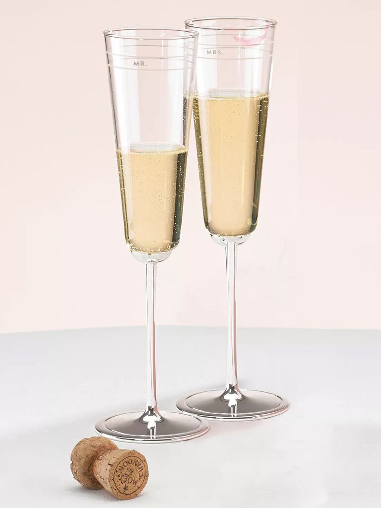 modern wedding champagne flutes with mr. and mrs. engraving in small letters
