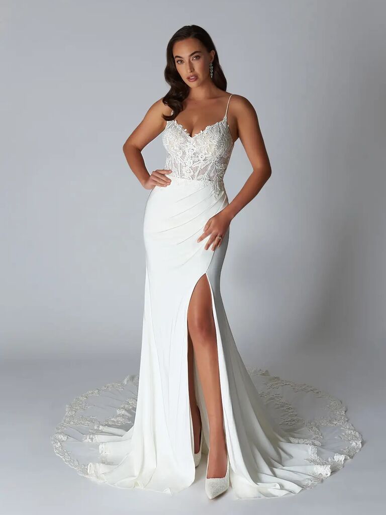 White petite wedding dress by Azazie. 