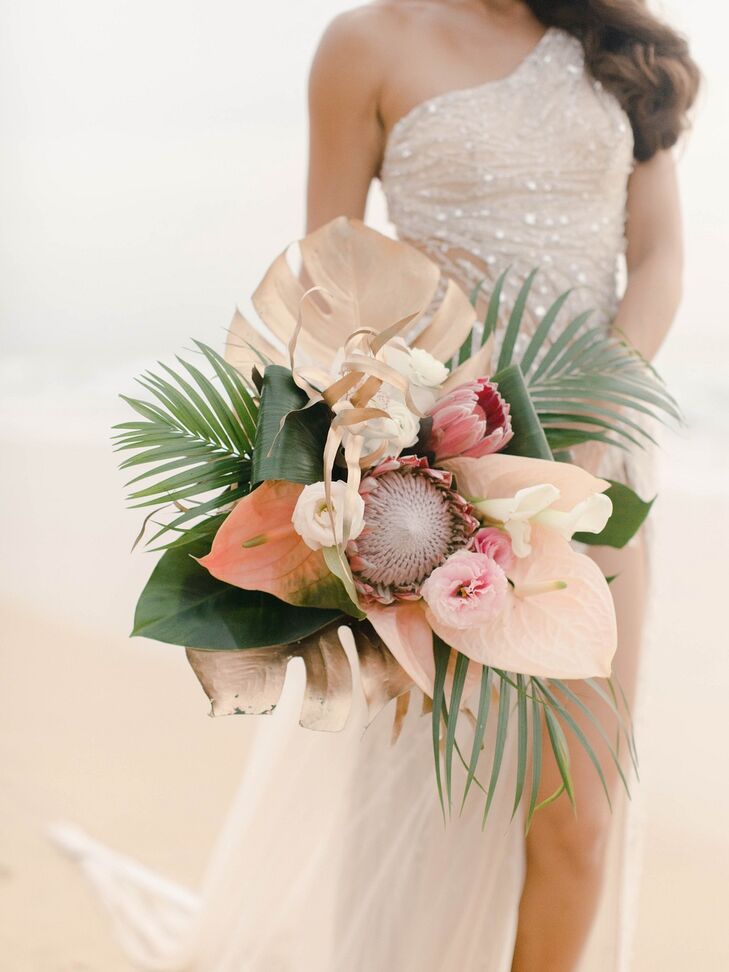 Romantic, Tropical Bouquet with Protea and Palm Leaves