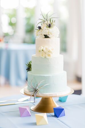 Tiered Buttercream Cake with White Cake Flowers on Gold Cake Stand