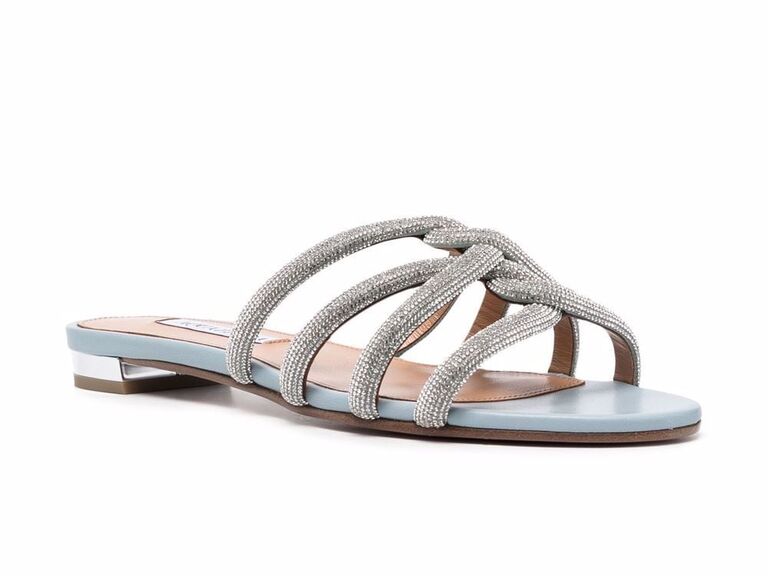 Glistening blue leather flat with embellished shoe straps 