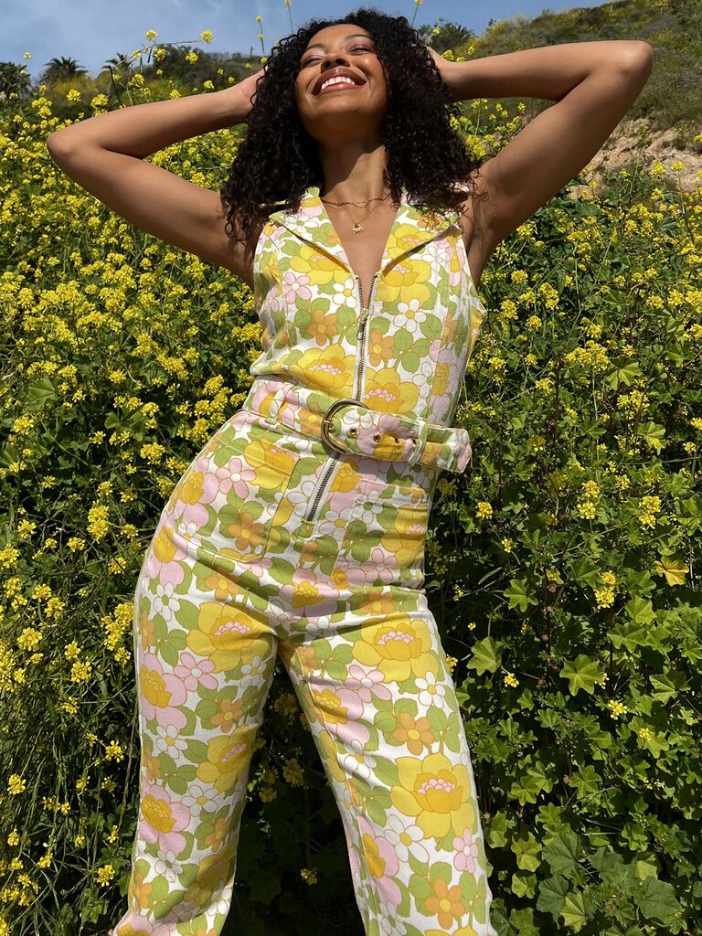 A pink, green, yellow, and orange retro-style floral cropped jumpsuit from Show Me Your Mumu