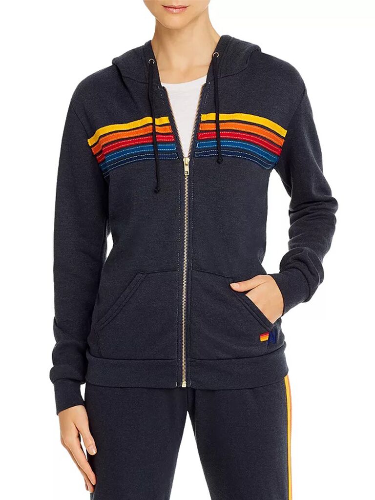 Horizontal rainbow striped black full zip jacket