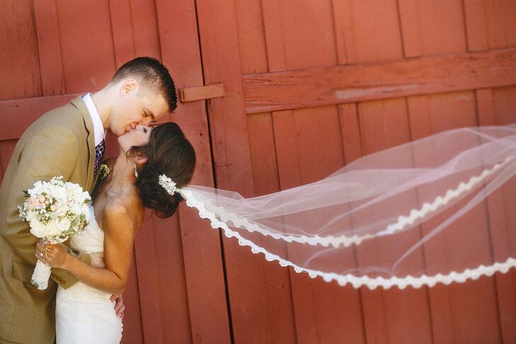"I had always pictured myself walking down the aisle in a cathedral veil with lace trimming. After speaking with my seamstress, she told me she could make it for me as long as I provided her with the lace.  My mom, grandma and I went down to LA’s Fabric District and found the lace that perfectly matched my dress.  My veil ended up being around $100, which to me, was worth the money," says Francesca.
