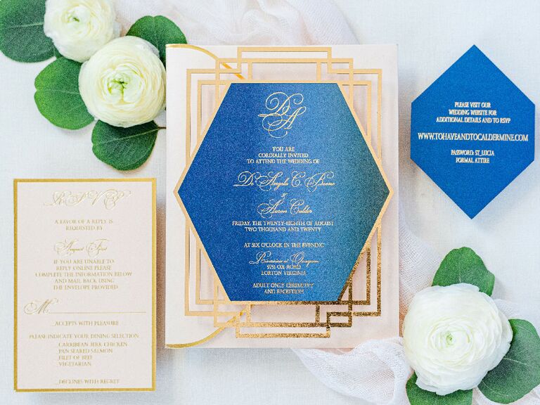 Blue and gold glam art deco wedding invitations for Great Gatsby wedding theme