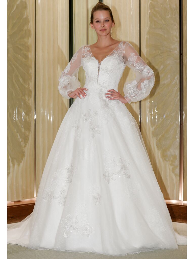 Randy Fenoli Fall 2019 Bridal Collection full A-line wedding dress with sheer poet sleeves