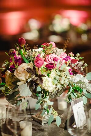 Silver Pedestal Centerpieces with White and Fuschia Flowers