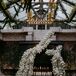 A stunning and modern asymmetrical floral installation of white blooms and greenery reaching up toward the ceiling of a loft ceremony venue acting as the wedding arch at the altar, flanked by tons of low candles, ivy crawling up the walls and suspended lighting and additional greenery.