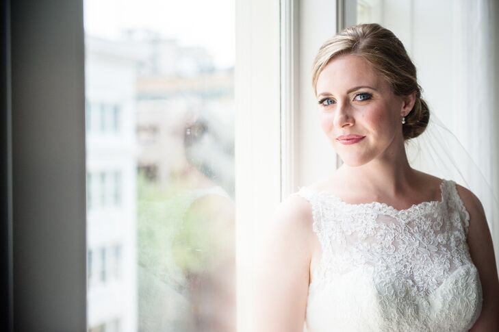 Erin wore her hair in a romantic, classic low chignon with a natural, but enhancing beauty look to compliment her bridal style.