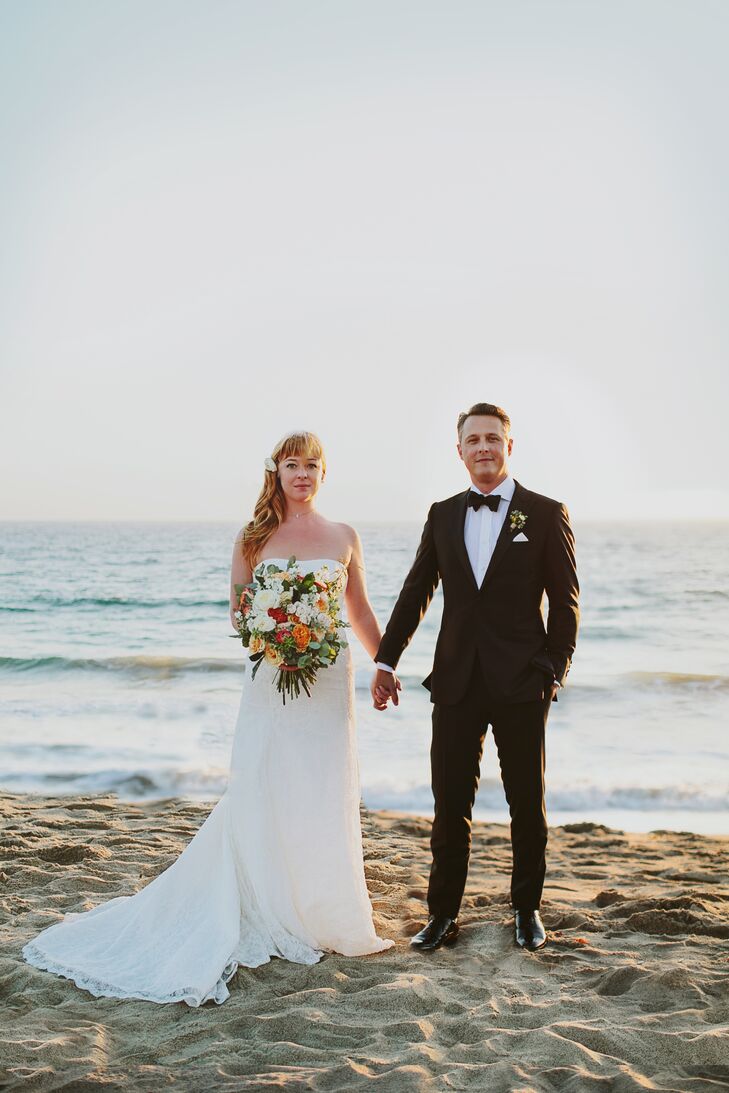 Gwynne Crowley (35 and a freelance producer) and David Lowrie-Reed (40 and in marketing) exchanged vows under a dream catcher wedding arch on the sand
