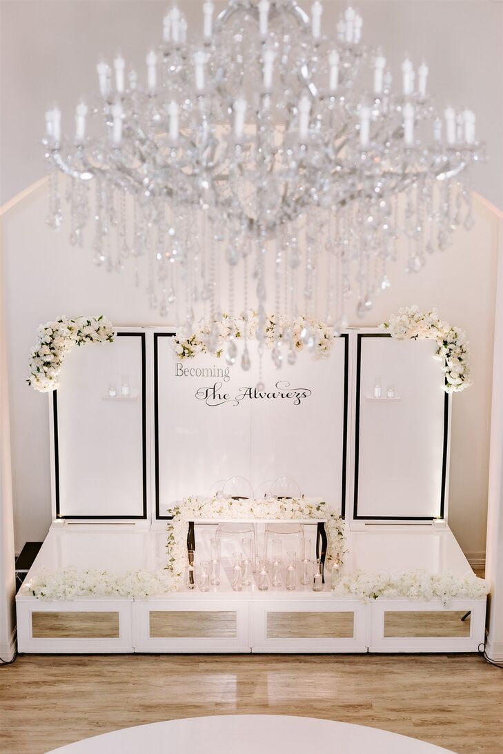 Wedding Reception With Chandelier and Glam White Decor
