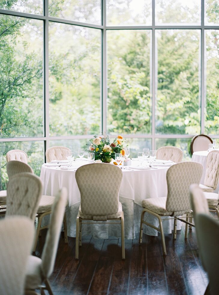 Bright, Airy Wedding Reception With White Linens and Chairs