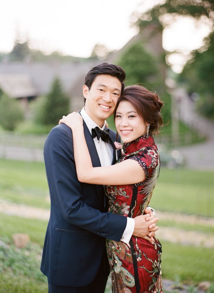 “It is a tradition in Taiwan for the bride to have at least three outfit changes,” Alice says. “This is because this may be your most beautiful day, so you should wear as many beautiful gowns as possible.” After the ceremony, Alice changed into a red and gold qipao for dinner, then switched things up for dancing with a white cocktail dress.