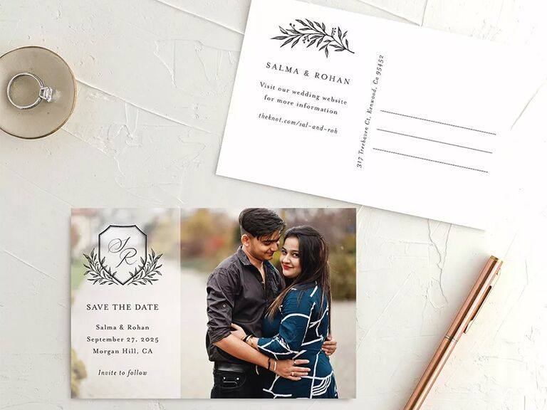 Personalized photo background with event details and elegant pennant monogram