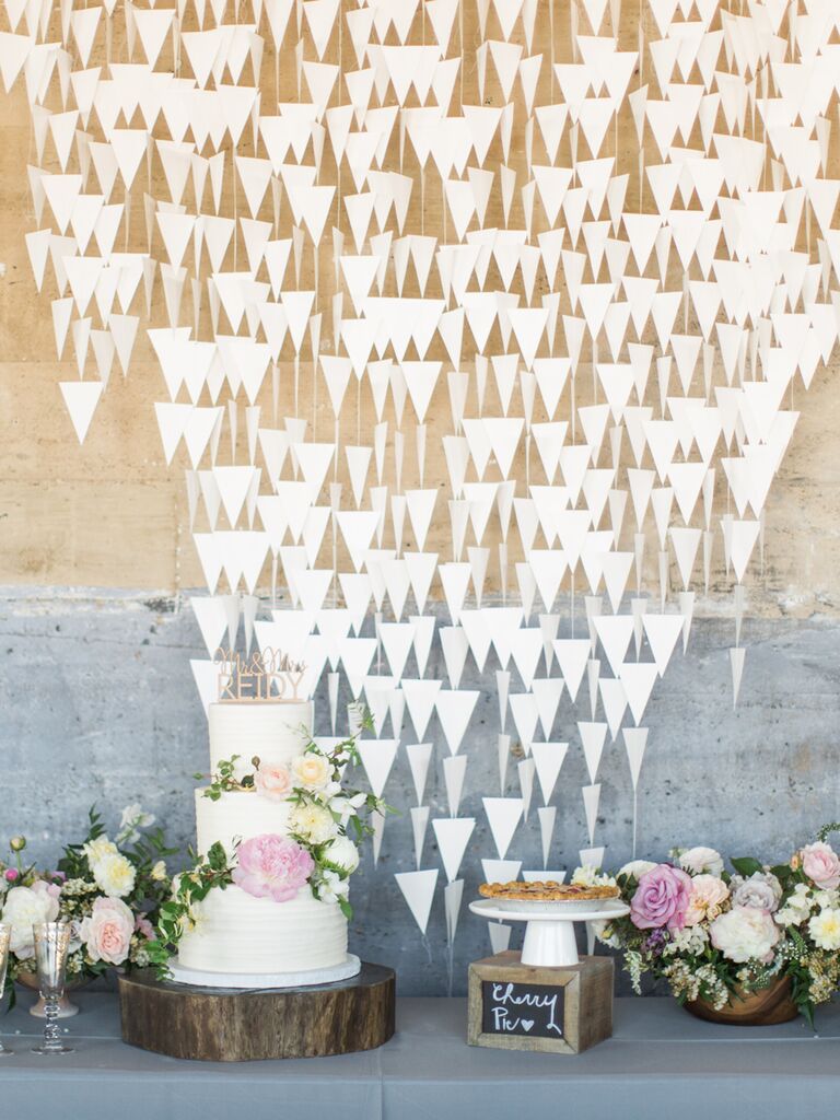 Modern dessert table backdrop of paper triangles