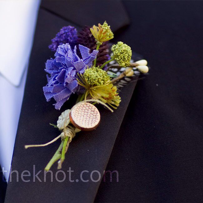 Ben sported a boutonniere made of purple and green feathers, fabric and twine.