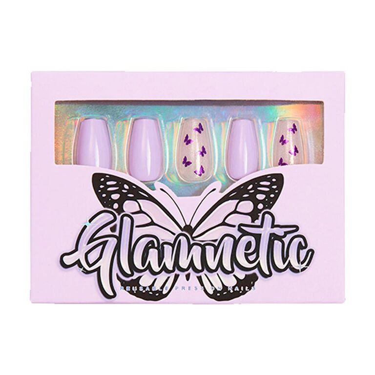 Purple box of butterfly-printed press on nails. 