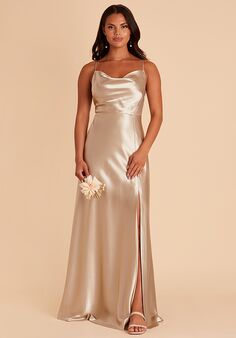 Birdy Grey Lisa Long in Satin Neutral Champagne Bridesmaid Dress