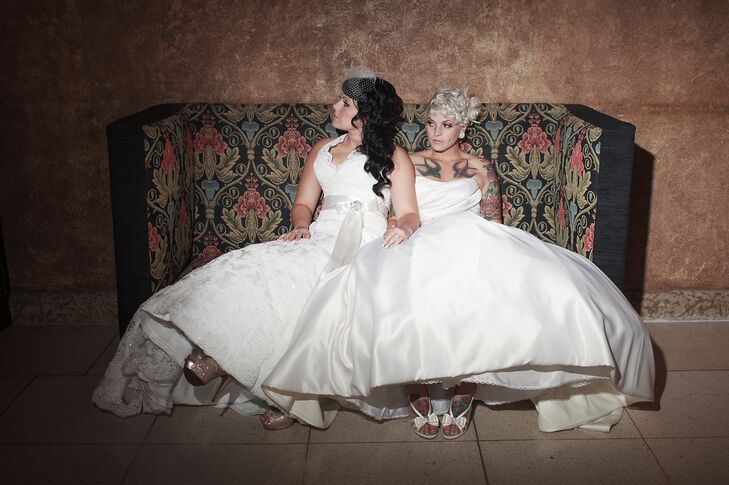 "Nicole and I had so much fun shopping for two wedding dresses," Morgan says. The brides wanted their dresses to pair well together—Nicole wore a simple strapless gown, and Morgan wore a vintage lace halter dress.