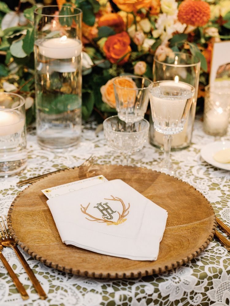 rustic place setting with monogrammed napkin