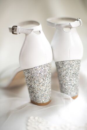 White Sandals with Silver Glitter Heels