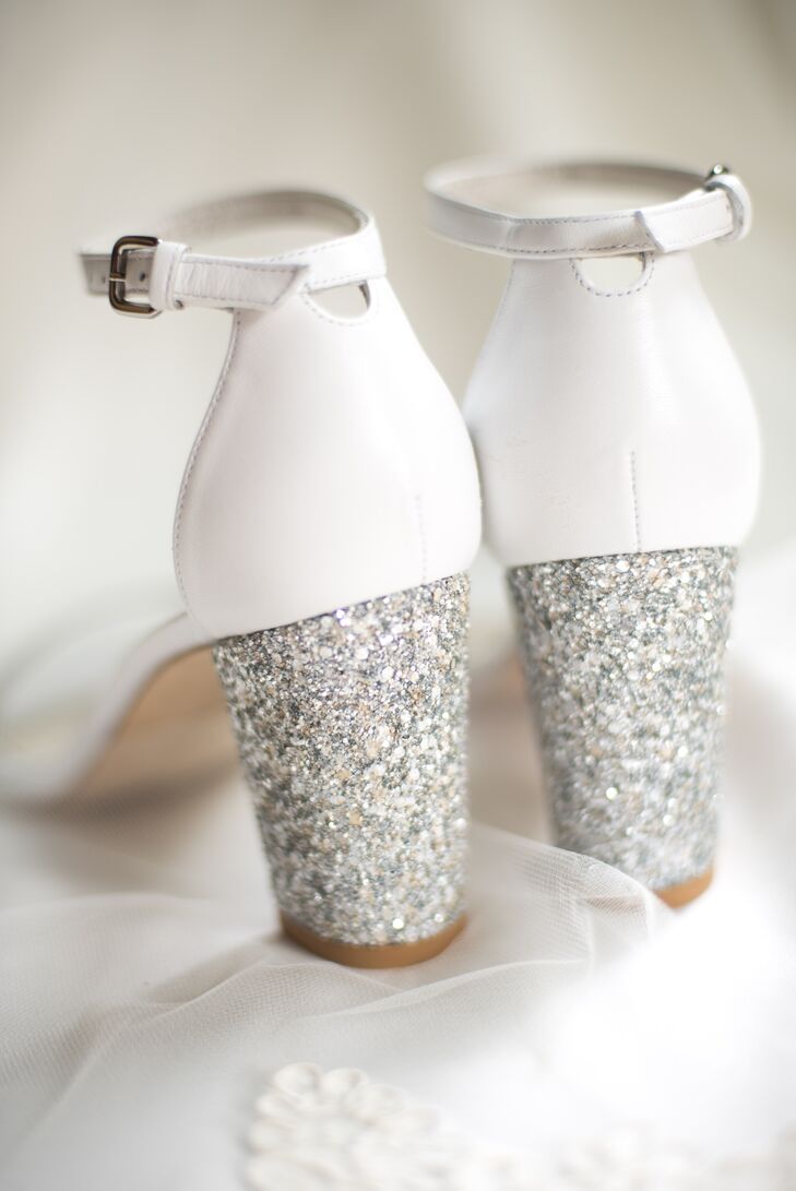 White Sandals with Silver Glitter Heels