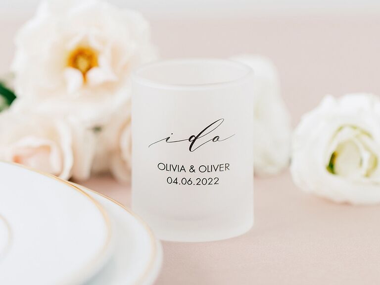 Custom frosted shot glass wedding favors. 