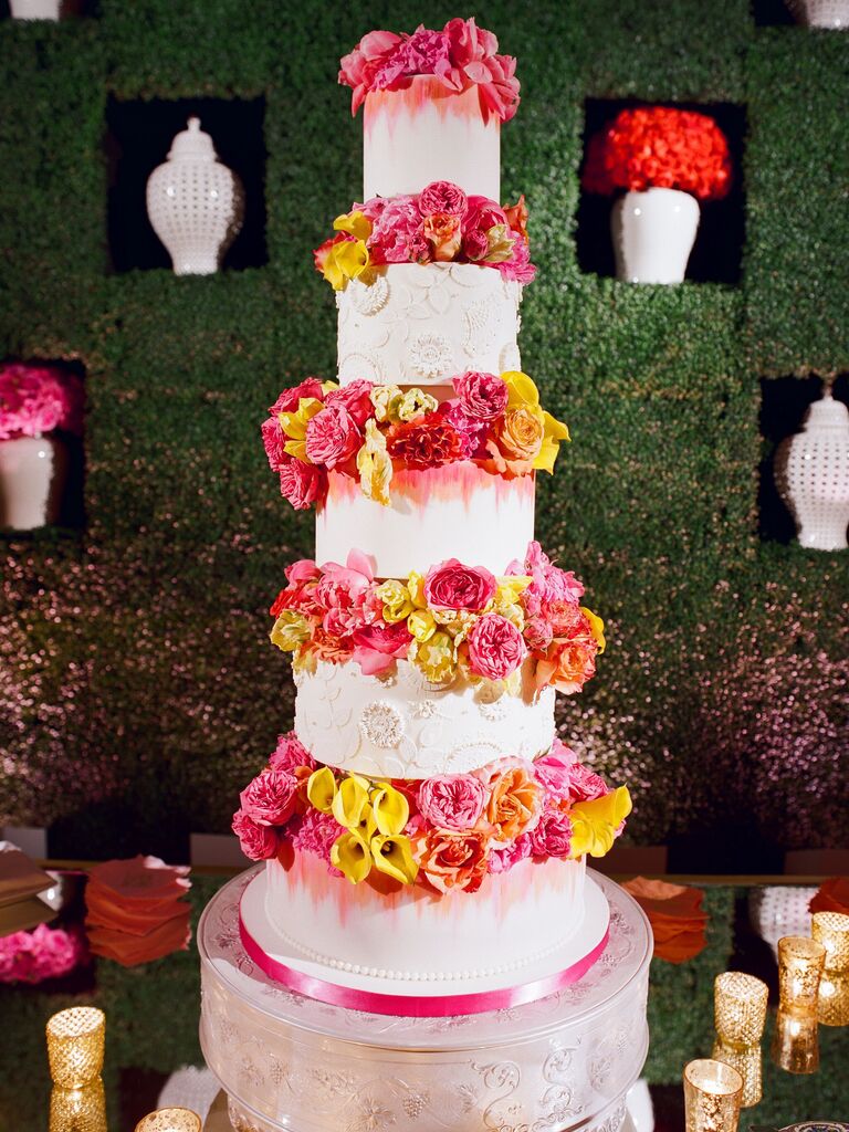Yellow and pink floral wedding cake