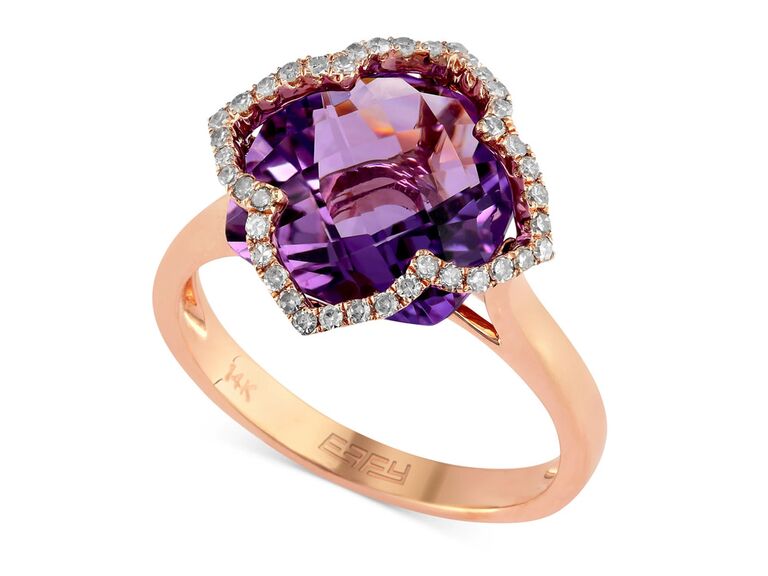 macy's amethyst engagement ring with cushion cut lavender rose amethyst with floral shaped round diamond halo and plain rose gold band