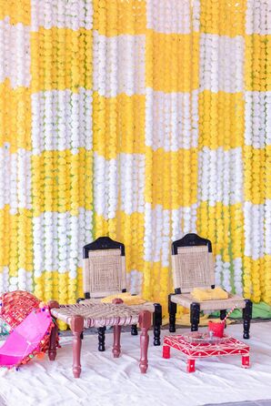 White-and-Yellow Marigold Decor for Pre-Wedding Haldi Party