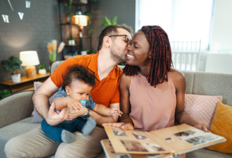 Husband and wife sitting on couch with child