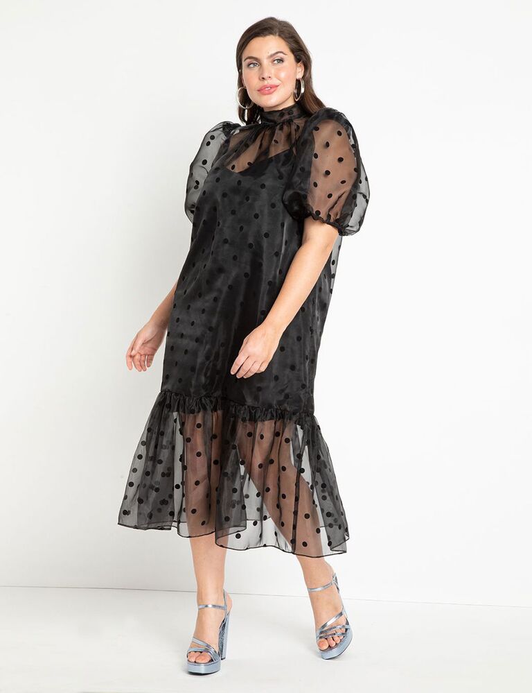 ELOQUII black midi dress for cocktail attire with puffed sleeves and allover polka dot pattern