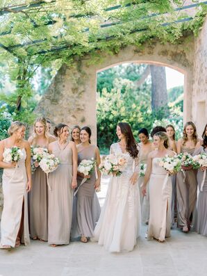 Bride in Elegant Gown With Sleeves, Bridesmaids in Different Gray Gowns, Simple Neutral Bouquets